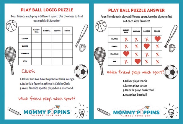 sports logic puzzle that's downloadable and printable for young kids