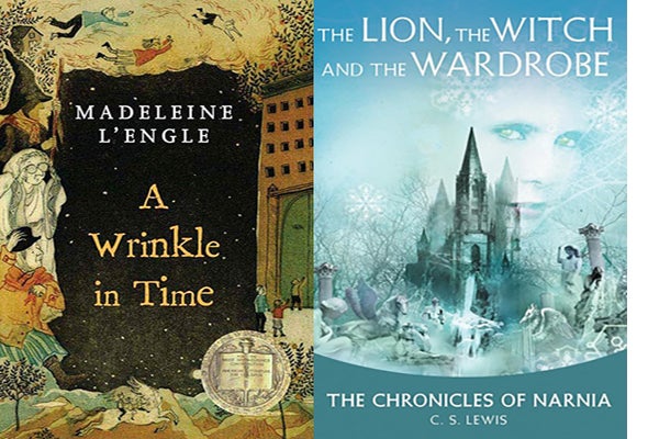 covers of the books A Wrinkle in Time and The Lion, the Witch, and the Wardrobe