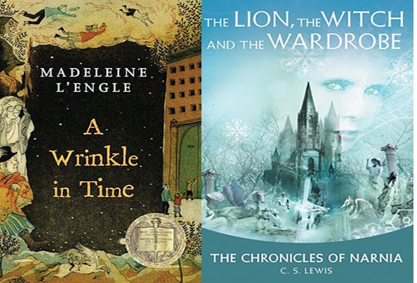 covers of the books A Wrinkle in Time and The Lion, the Witch, and the Wardrobe