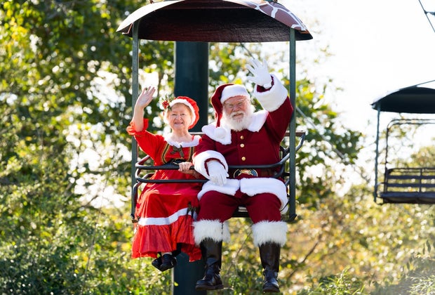 Image of Santa and Mrs. Claus on Skyfari at Southwick's Zoo