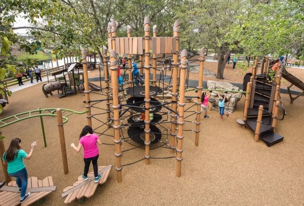Let your imagination soar at the "Tom Sawyer's Island" play area in Amelia Earhart Park. Photo courtesy of Landscape Structures Inc.