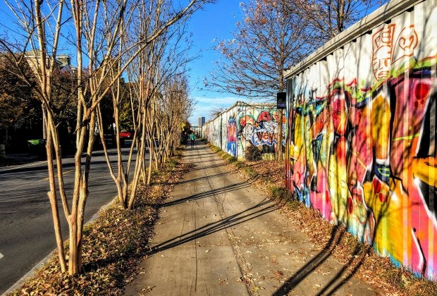 Events along the route are canceled, but the Atlanta BeltLine urban walking trail is open during the crisis. Photo courtesy of the Atlanta Beltline