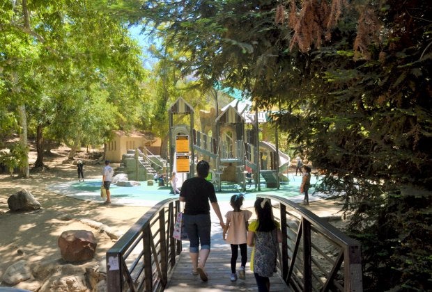 The shaded playstructure at Ferndell is in the middle of the trees. Photo by Amanda Schutt