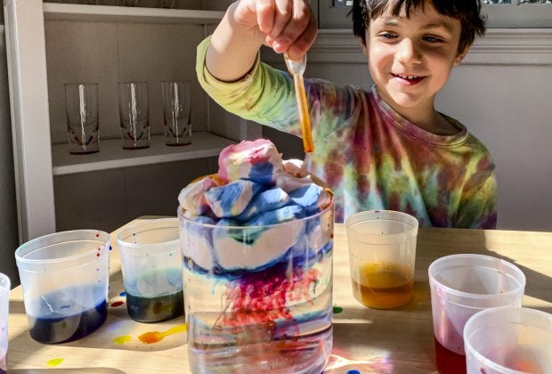 Create colorful storm clouds out of shaving cream and food coloring. 