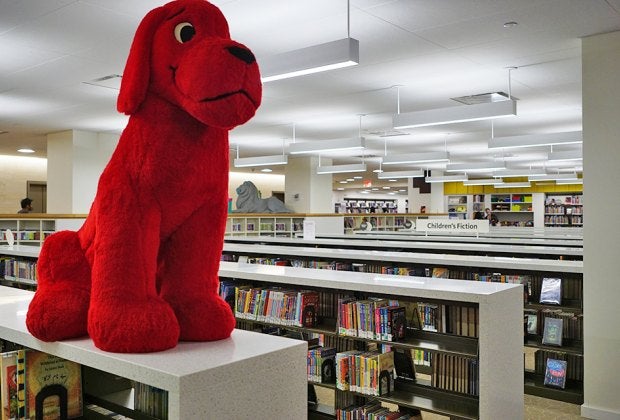 Clifford the Big Red Dog greets visitors to the Children's Center at the Stavros Niarochos Library on Fifth Avenue. Photo by Jody Mercier