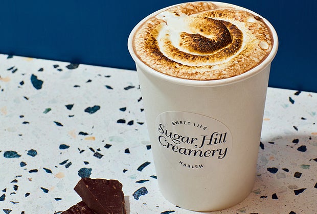 Hot chocolate is topped with molten, homemade marshmallow fluff at Sugar Hill Creamery