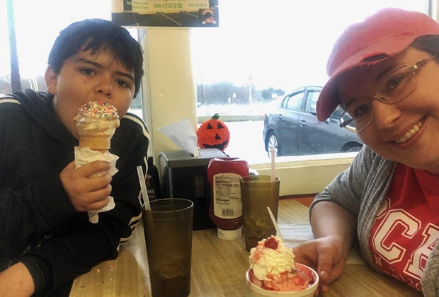 Mother and son enjoying soft-serve treats at White Dotte