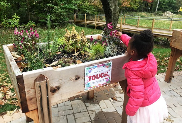 Girl at the touch table Watchung Sensory Trail