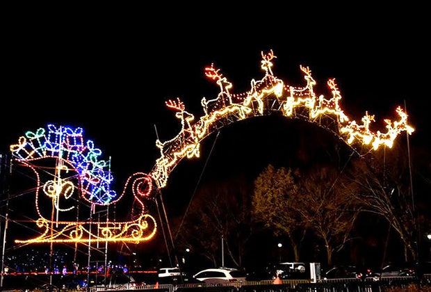 Santa's sleigh and reindeer fly ovehead