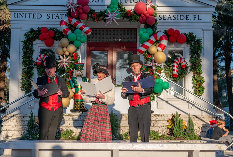 Seaside, FL transforms into a lovely Christmas village, complete with carolers, Santa, and more, during the holiday months! Photo courtesy Seaside, Florida