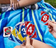 You don't have to worry about UNO Splash cards getting wet! Photo courtesy of Mattel Games, via the UNO Amazon Store.