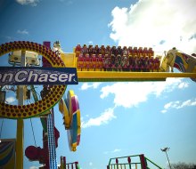 The thrilling Moon Chaser spins, twists, dips, and inverts riders at heights up to 45 feet in the air.