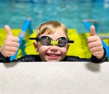 Kids and parents will love the pool at Goldfish Swim School, which is heated to 90 degrees and open several times a week for family swim. 