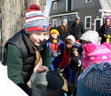 It's February 2023, time for maple sugaring with Boston kids! Maple Sugar collection at Appleton Farms photo courtesy of The Trustees