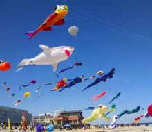 Kites of all shapes and sizes soar over the beach at Kites on the Pier in Long Branch. Photo courtesy of the festival 