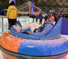Slip, slide, smash, and crash during a ride on the Bryant Park Bumper Cars on Ice. Photo by Jody Mercier