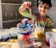 Create colorful storm clouds out of shaving cream and food coloring. 