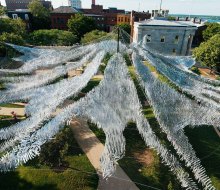 Inspired by the movements of schools of fish, this outdoor sculpture moves with the seaside winds in New Bedford. Photo courtesy of Poetic Kinetics