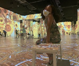 Girl smiles surrounded by Van Gogh's sunflowers