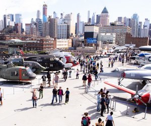 The flight deck of the Intrepid Museum with Midtown Manhattan in the background