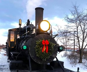 Photo of a decorated Christmas train in New England.