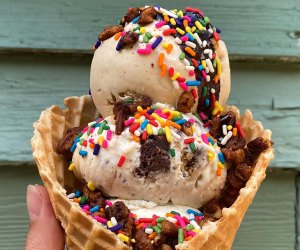 a triple scoop with rainbow sprinkles in a waffle cone
