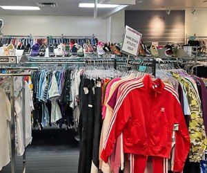 wide shot of thrift store second-hand clothes