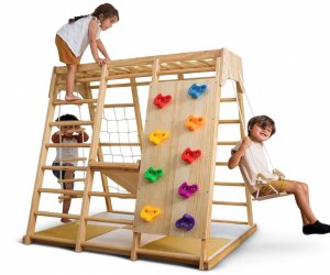 three kids play on the gorgeous Avenlur Montessori Wooden Indoor Playground