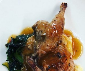 Photo of a plated roast duck leg in sauce