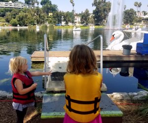 Life jackets on before getting on the swan boats at Echo Park Lake.