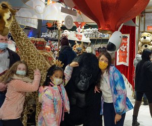 Posing with the larger-than-life stuffed animals at FAO Schwarz