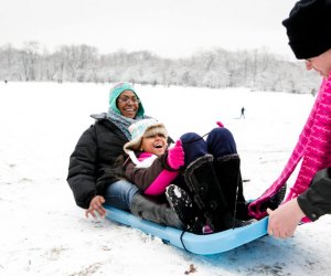 Sledding in Caldwell Woods, photo courtesy of the Forest Preserve District of Cook County