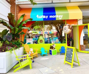 Funky Monkey meets customers outside its bright storefront for contactless curbside order pickup. Photo courtesy of Funky Monkey Toys & Books