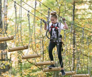 Image of a child on a tree-top rope bridge.