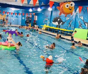 Kids and parents will love the 90-degree pool at Goldfish Swim School, which is open several times a week for family swim. 