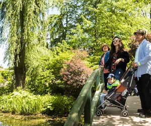 family on a bride in spring in a lush garden at the grounds for sculpture