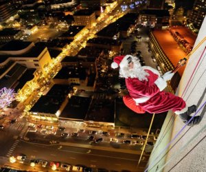 Santa is soaring above Stamford again in December 2024! Heights and Lights photo courtesy of Downtown Stamford Special Services District