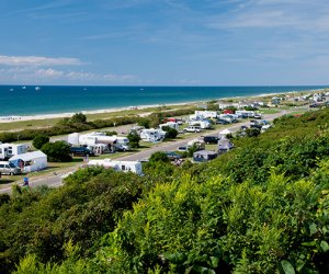 RVs line the beachfront camping spots at Hither Hills State Park