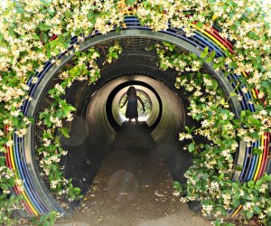 The Children's Garden has interactive sculptural elements like this prism tunnel. Photo courtesy of The Huntington Library, Art Collections, and Botanical Gardens