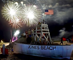 Jones Beach shore illuminated by fireworks