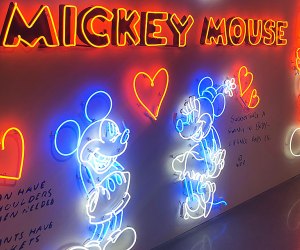 The neon "Hello Mickey" room is colorful greeting.