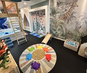 Good Life Clubhaus' play space includes a ball pit, climbing structures, sensory floor tiles, and a small netted clubhouse. Photo by the author