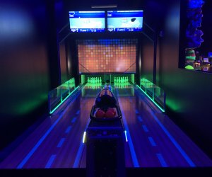 glow in the dark bowling lanes at Monster Mini Golf. westchester bowling