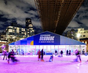 Skate beneath the historic Brooklyn Bridge while taking in the iconic views of the Manhattan skyline at Roebling Rink. Photo courtesy of venue