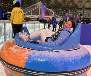 Slip, slide, smash, and crash during a ride on the Bryant Park Bumper Cars on Ice. Photo by Jody Mercier