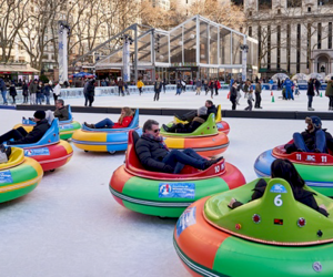 Bumper Cars on Ice return to Bryant Park's Winter Village. Photo by Angelito Jusay/courtesy of Bank of America Winter Village at Bryant Park