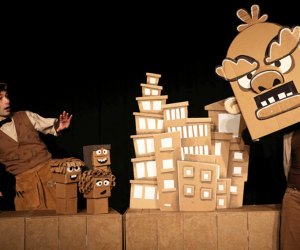 Paper Hearts Puppets bring a cardboard world to life  on the LICM stage. Photo courtesy of LICM