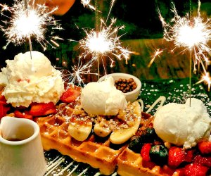 Bring a burst of birthday excitement with the sparkling Max Brenner Birthday Waffles! 