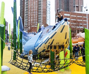 Pier 26 Playground: Kids climbing on giant fish jungle gyms