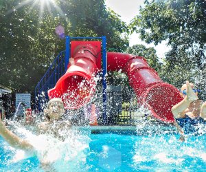 Pierce Day Camp has a pool for every age. Each summer, campers graduate to a deeper pool with more features - like the Double Chute Water Slide at the age 6 pool.